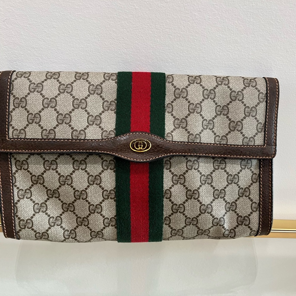 Gucci Monogram Clutch with Red and Green Stripe